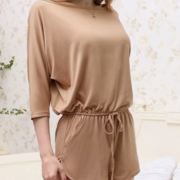 🖤NEW! Khaki PLUS SIZE OFF ONE SHOULDER DRAWSTRING ROMPER SHORTS - Picture 4 of 5